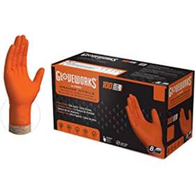 Gloveworks 697383966551 Orange Nitrile Extra Thick Diamond Texture Powder Free 100 Large