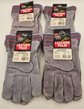 7734 Midwest 4 Pair Leather Palm Cowhide Striped Canvas Back Work Gloves Size L