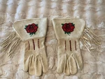 Vintage Leather Beaded Gauntlet Gloves Western Fringe Rose Embroidery. Fixed Price $175.00.