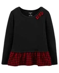 Carter's Toddler Girl Plaid Peplum Jersey Top Black W/ Red Size 5T. Fixed Price $17.95.