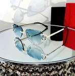 Luxury Rimless Round Cut Sunglasses Green Lens Gold Frame With High-quality. Fixed Price $120.00.