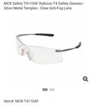 Mcr Crew Rubicon Safety Glasses T4110AF Metal Frame Clear Lens Anti Fog. Fixed Price $12.00.