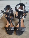 Laurence Dacade Studded T-strap Black Leather Bock Heel Sandals Size 38 8/7.5. Fixed Price $165.00.